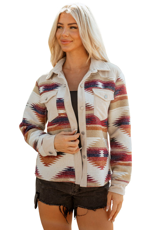 Western Aztec Print Corduroy Patchwork Raw Hem Shirt Jacket