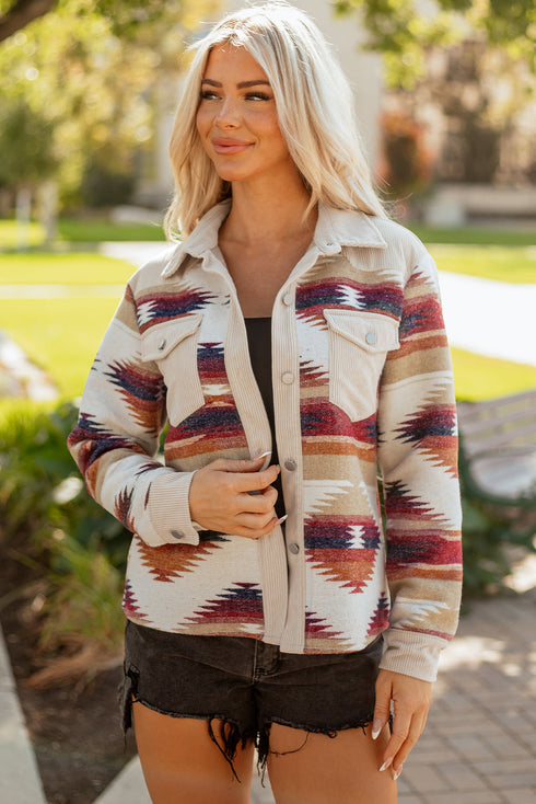 Western Aztec Print Corduroy Patchwork Raw Hem Shirt Jacket
