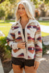 Western Aztec Print Corduroy Patchwork Raw Hem Shirt Jacket