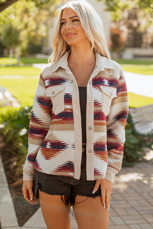 Western Aztec Print Corduroy Patchwork Raw Hem Shirt Jacket