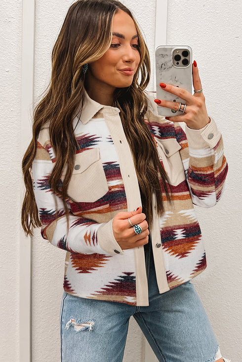 Western Aztec Print Corduroy Patchwork Raw Hem Shirt Jacket