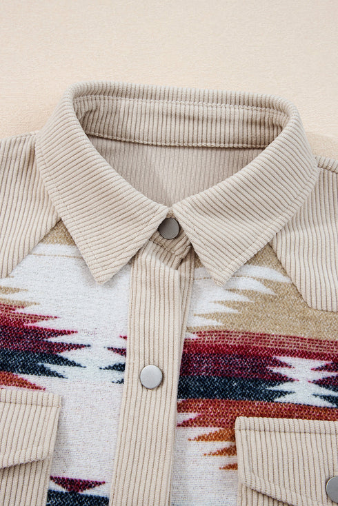 Western Aztec Print Corduroy Patchwork Raw Hem Shirt Jacket