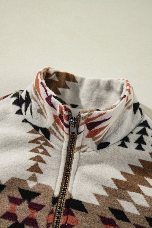 Western Aztec Print Fleece Stand Neck Zip Up Jacket