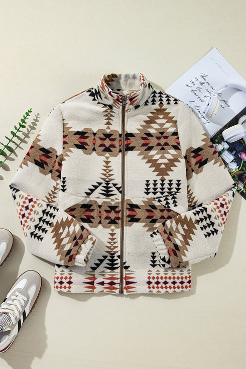 Western Aztec Print Fleece Stand Neck Zip Up Jacket