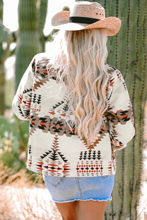 Western Aztec Print Fleece Stand Neck Zip Up Jacket