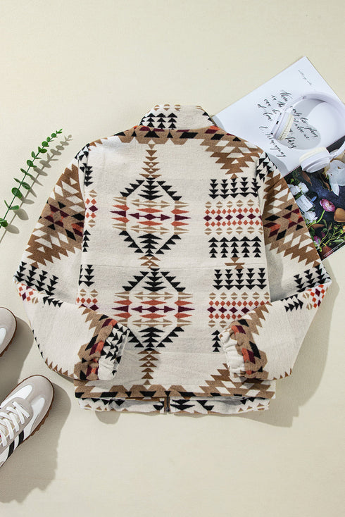 Western Aztec Print Fleece Stand Neck Zip Up Jacket