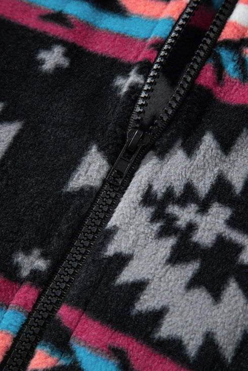 Western Aztec Print Fleece Zip Up Collar Jacket