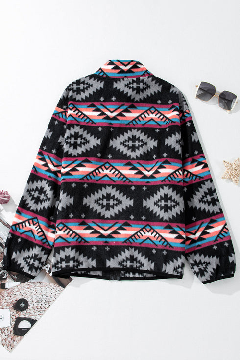 Western Aztec Print Fleece Zip Up Collar Jacket