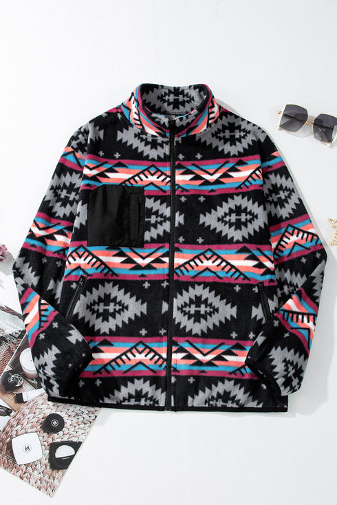 Western Aztec Print Fleece Zip Up Collar Jacket