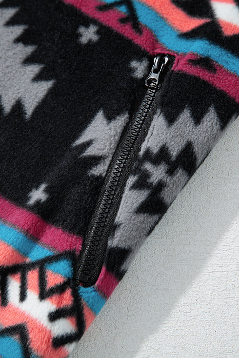 Western Aztec Print Fleece Zip Up Collar Jacket