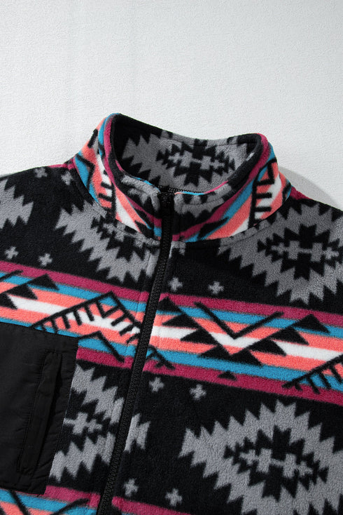 Western Aztec Print Fleece Zip Up Collar Jacket
