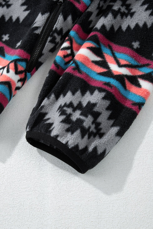 Western Aztec Print Fleece Zip Up Collar Jacket
