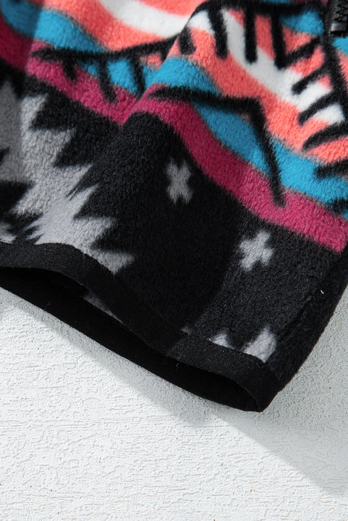 Western Aztec Print Fleece Zip Up Collar Jacket