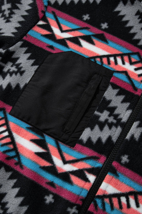 Western Aztec Print Fleece Zip Up Collar Jacket