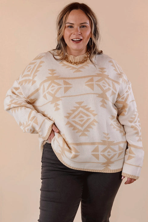Western Aztec Print Loose Fit Pullover Sweater