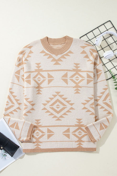 Western Aztec Print Loose Fit Pullover Sweater