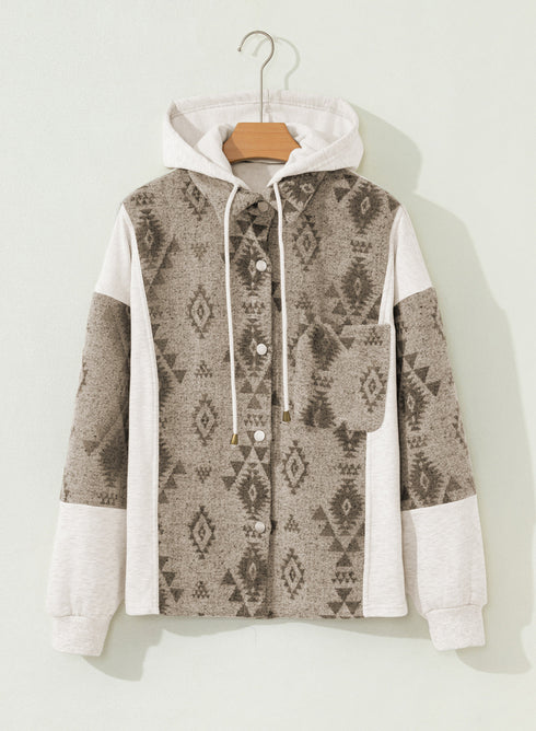 Western Aztec Print Mixed Panel Patchwork Hooded Jacket