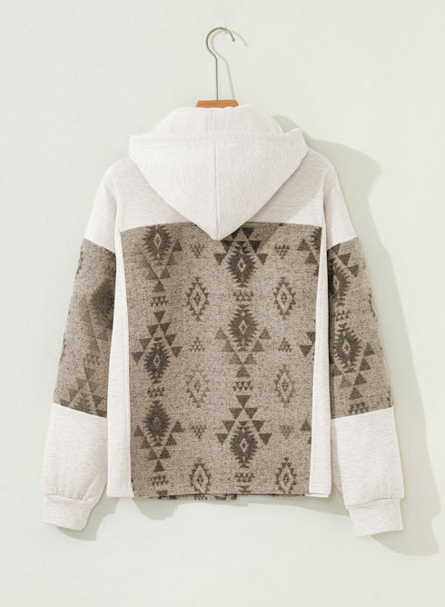 Western Aztec Print Mixed Panel Patchwork Hooded Jacket