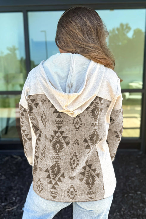 Western Aztec Print Mixed Panel Patchwork Hooded Jacket