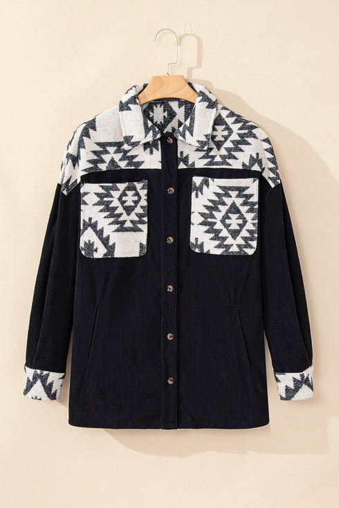 Western Aztec Print Patchwork Button Down Corduroy Jacket