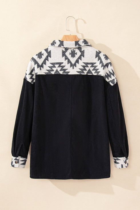 Western Aztec Print Patchwork Button Down Corduroy Jacket