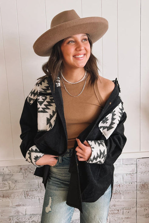 Western Aztec Print Patchwork Button Down Corduroy Jacket
