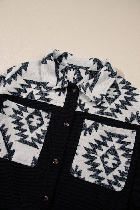 Western Aztec Print Patchwork Button Down Corduroy Jacket