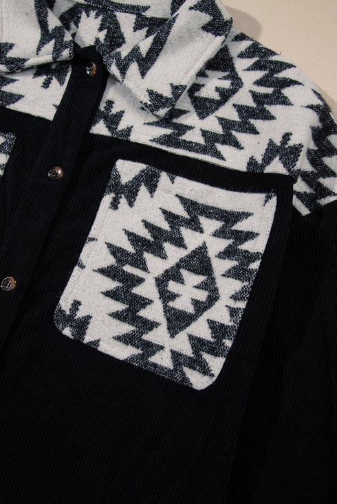Western Aztec Print Patchwork Button Down Corduroy Jacket