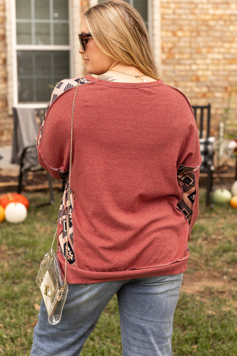 Western Aztec Print Patchwork Drop Shoulder High Low Sweatshirt