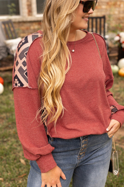Western Aztec Print Patchwork Drop Shoulder High Low Sweatshirt
