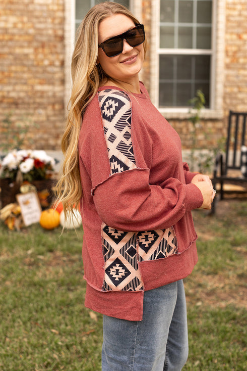 Western Aztec Print Patchwork Drop Shoulder High Low Sweatshirt