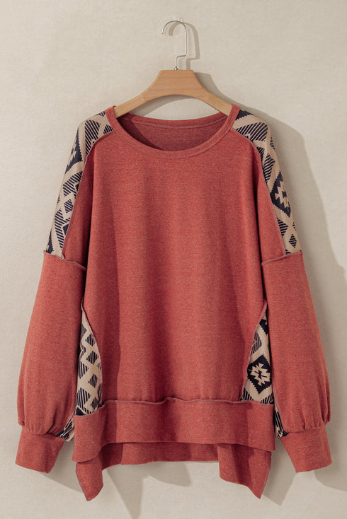 Western Aztec Print Patchwork Drop Shoulder High Low Sweatshirt