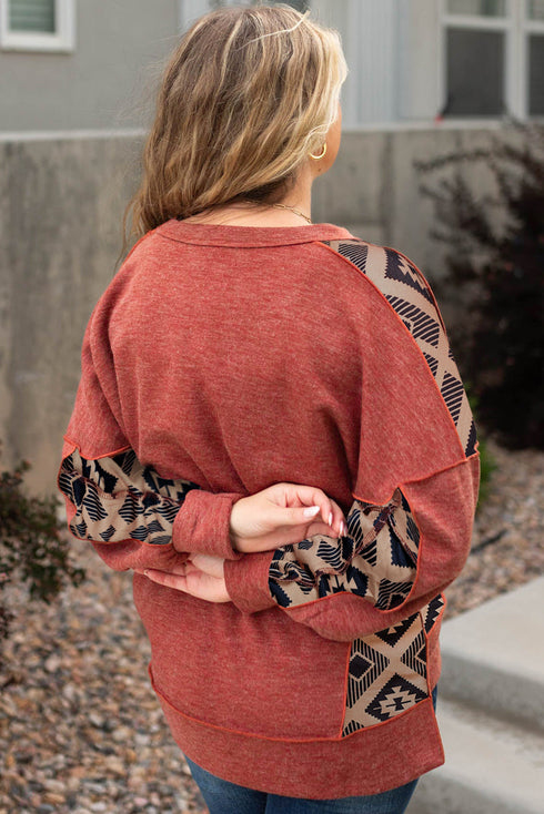 Western Aztec Print Patchwork Drop Shoulder High Low Sweatshirt