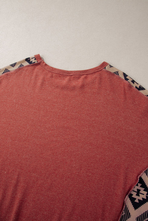 Western Aztec Print Patchwork Drop Shoulder High Low Sweatshirt