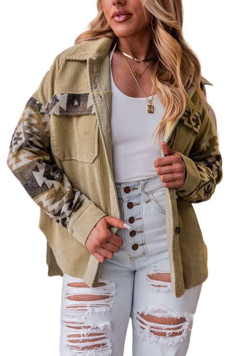 Western Aztec Print Patchwork Frayed Edge Corduroy Jacket