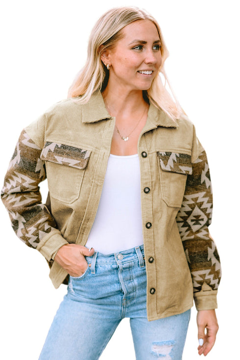 Western Aztec Print Patchwork Frayed Edge Corduroy Jacket
