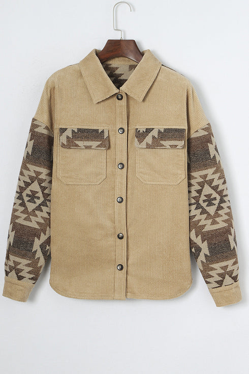 Western Aztec Print Patchwork Frayed Edge Corduroy Jacket
