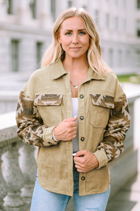 Western Aztec Print Patchwork Frayed Edge Corduroy Jacket