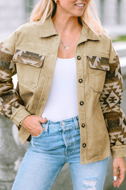 Western Aztec Print Patchwork Frayed Edge Corduroy Jacket