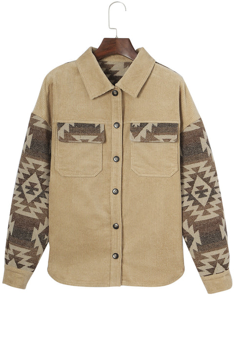Western Aztec Print Patchwork Frayed Edge Corduroy Jacket
