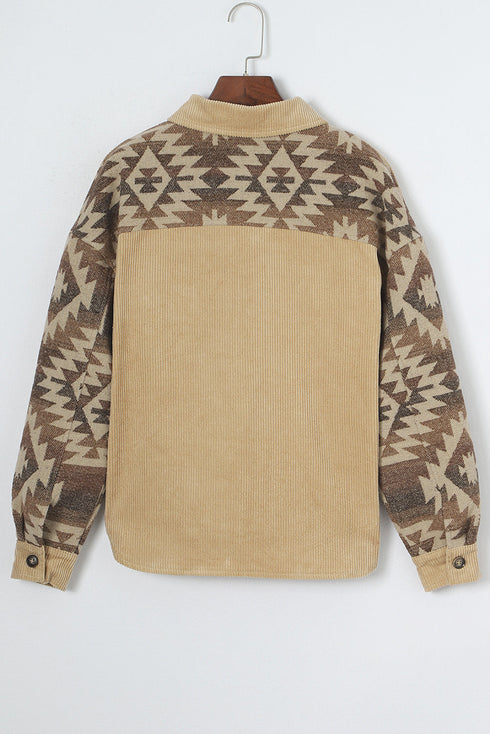 Western Aztec Print Patchwork Frayed Edge Corduroy Jacket
