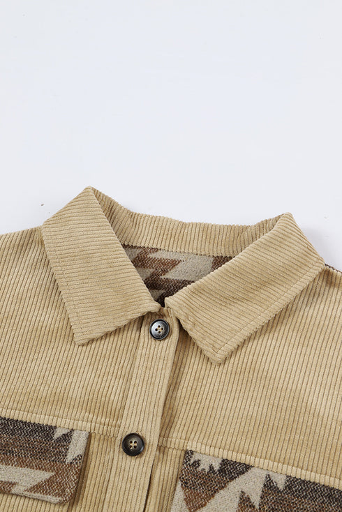 Western Aztec Print Patchwork Frayed Edge Corduroy Jacket