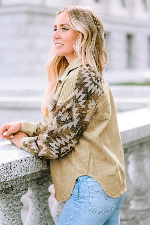 Western Aztec Print Patchwork Frayed Edge Corduroy Jacket