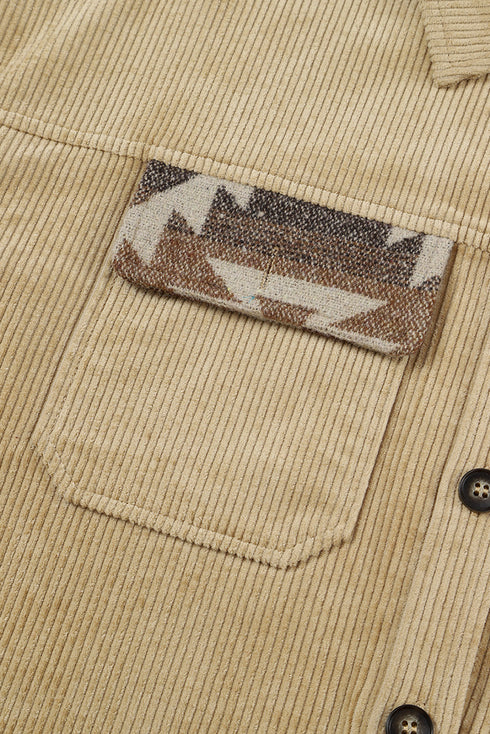 Western Aztec Print Patchwork Frayed Edge Corduroy Jacket