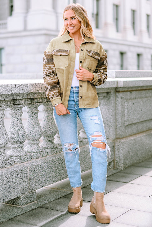 Western Aztec Print Patchwork Frayed Edge Corduroy Jacket
