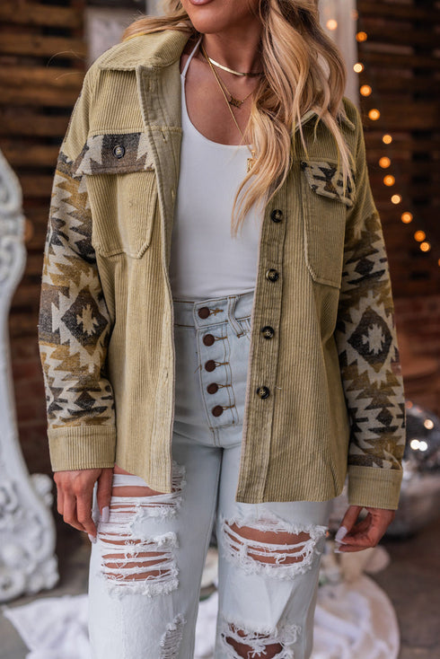 Western Aztec Print Patchwork Frayed Edge Corduroy Jacket