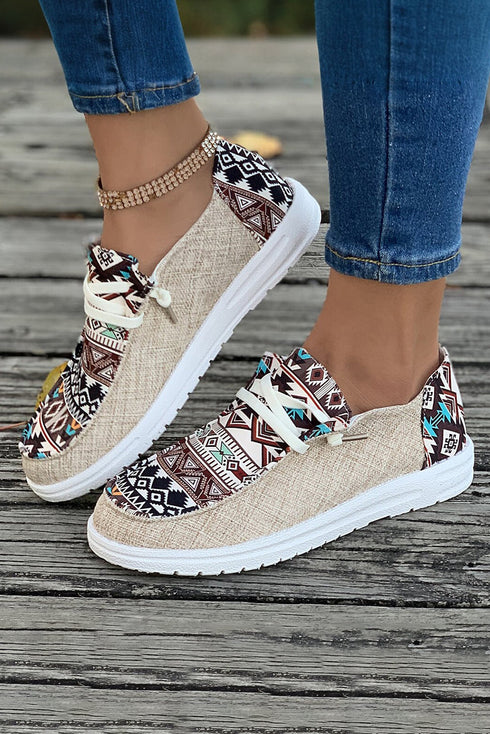 Western Aztec Print Patchwork Lace Up Flat Shoe