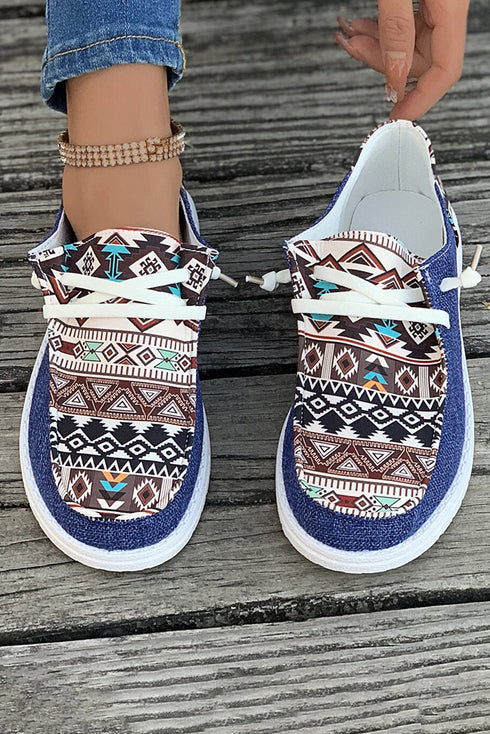 Western Aztec Print Patchwork Lace Up Flat Shoe