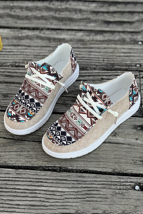 Western Aztec Print Patchwork Lace Up Flat Shoe
