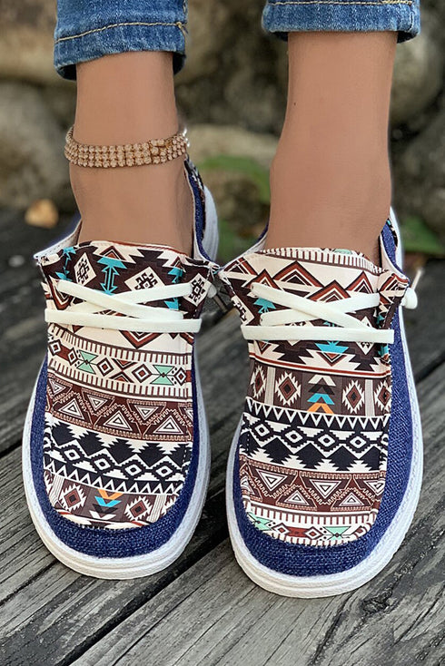 Western Aztec Print Patchwork Lace Up Flat Shoe